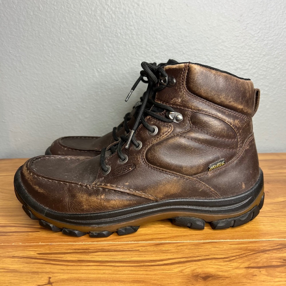 KEEN Hiking Boots Mens Sz 10 Waterproof Leather Moc Toe Brown Rugged Gorpcore
